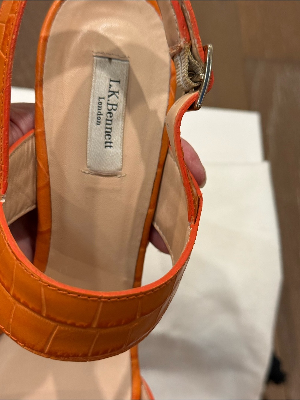 LK Bennett Orange Croc-Embossed Block Heel Sandals - Picture 3 of 11